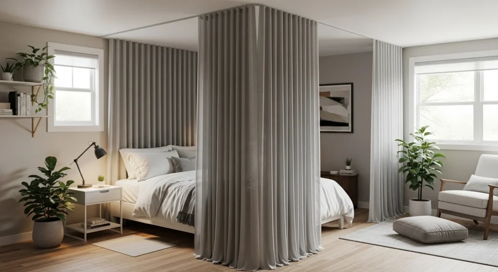 Tiny bedroom using soft curtains to divide sleeping and storage areas