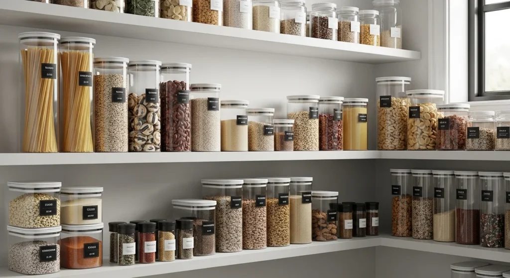 Pantry shelves organized with transparent containers and labeled jars