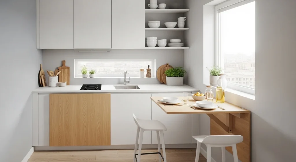Compact kitchen with foldable dining table for flexible space usage