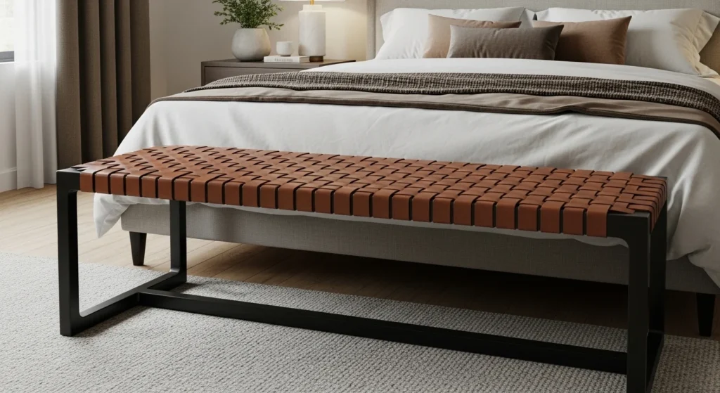 Stylish wooden bench with woven leather straps used in modern bedroom decor