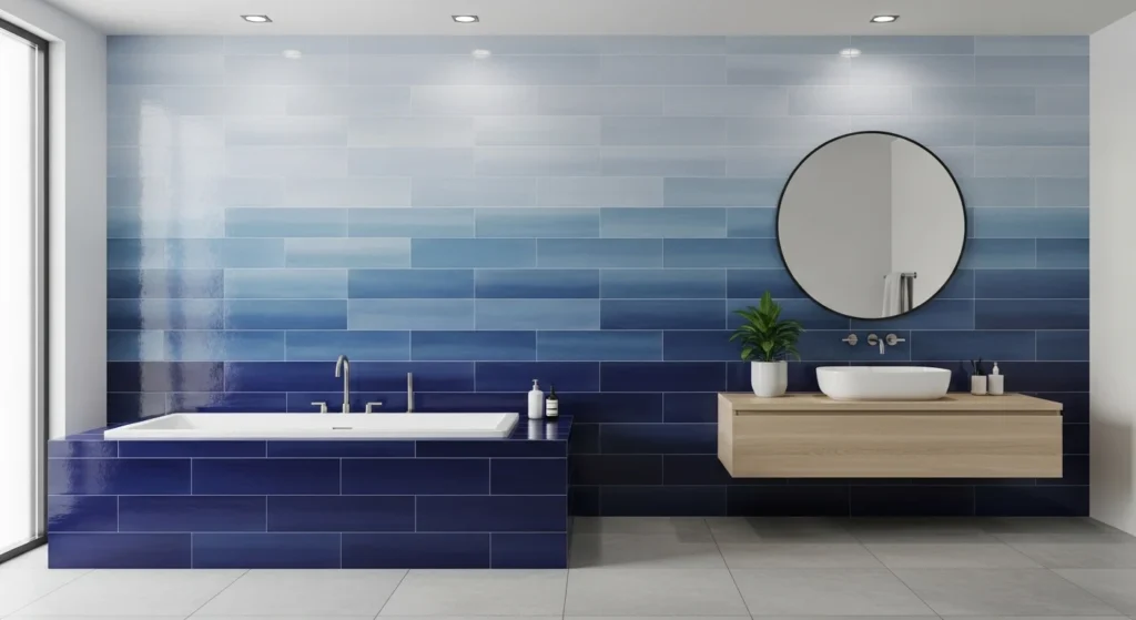 Modern bathroom with gradient tiles showing smooth color transition effect