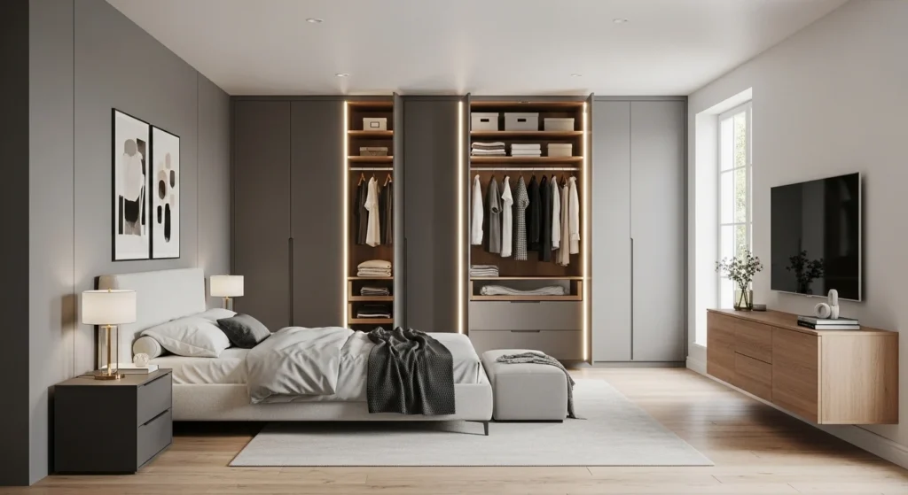 Modern bedroom set with built-in wardrobe for clean and organized storage