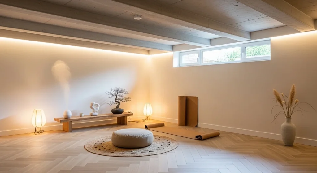 Peaceful basement space for meditation and yoga with minimalist decor