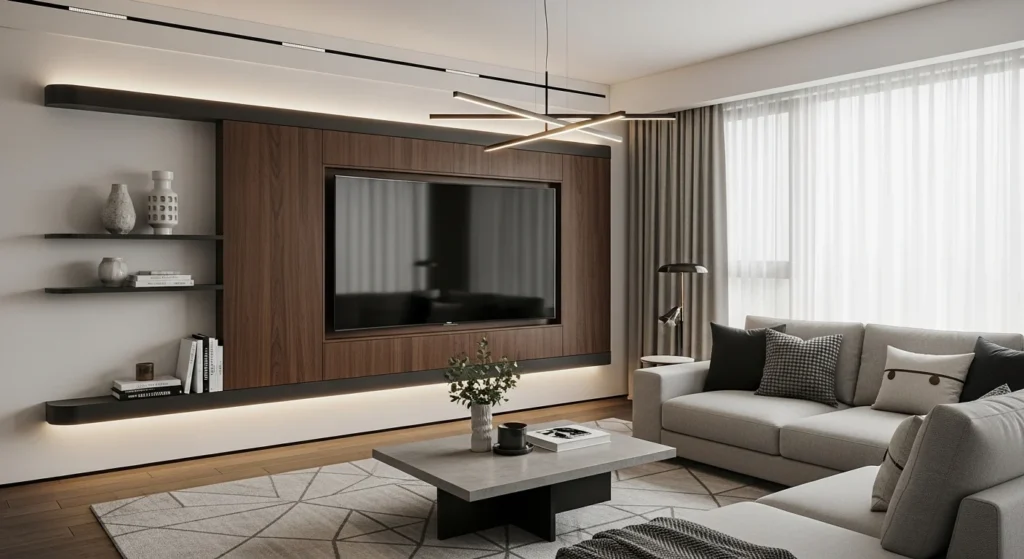 curved tv wall design with soft shapes and mounted tv