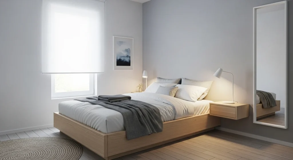 Small bedroom with low platform bed design creating a spacious appearance