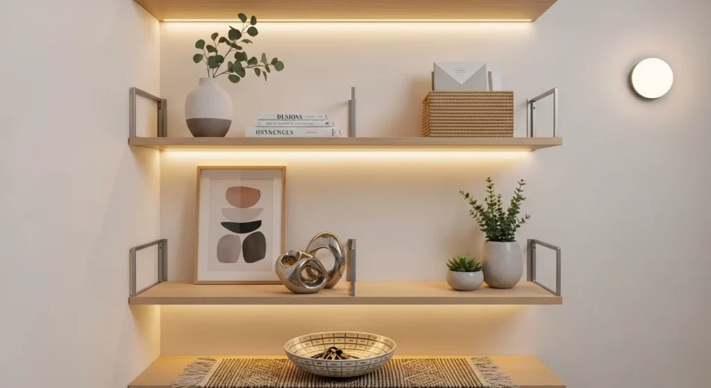 Entryway with open shelves displaying decorative objects and plants