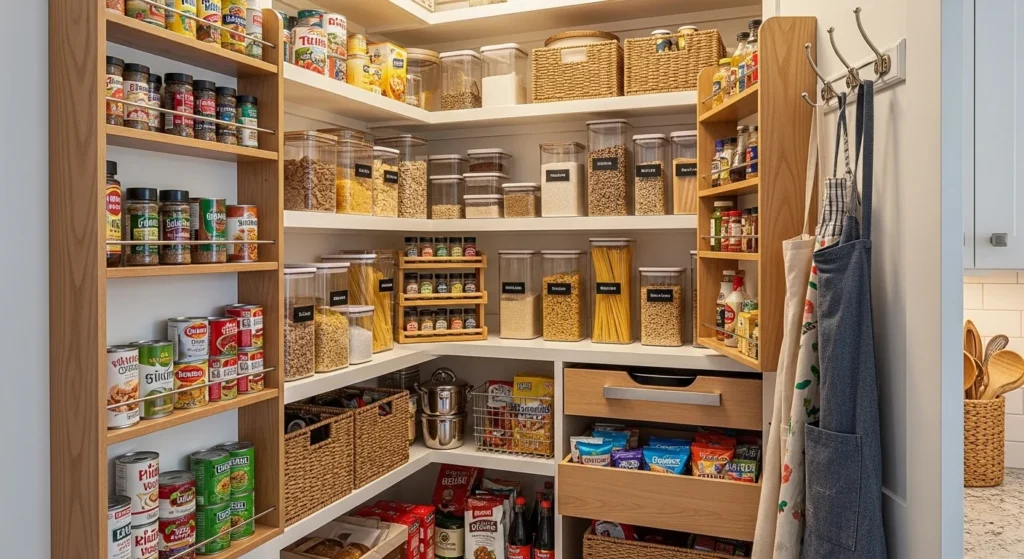 Small closet converted into pantry storage with organized shelving