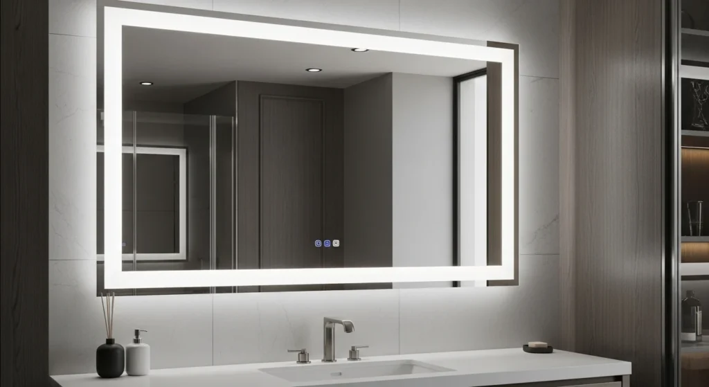 Bathroom mirror with illuminated frame lighting creating elegant glow