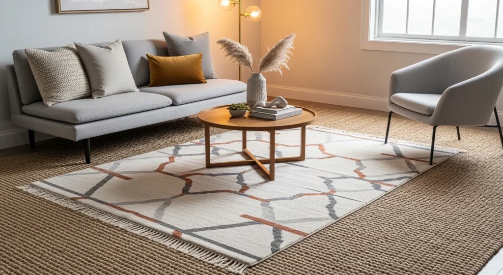 Cozy living room with layered rugs adding texture and warmth