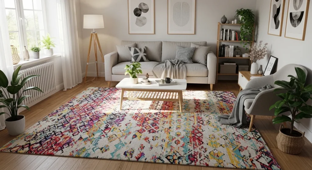 Small apartment living room with colorful patterned rug anchoring the seating area