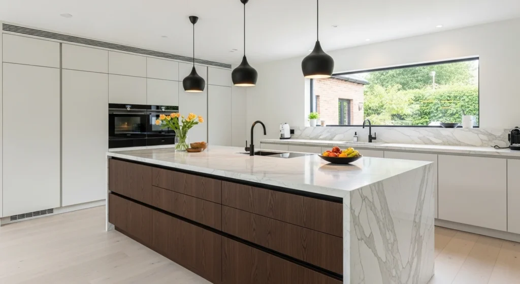 Spacious kitchen with oversized island countertop for modern layout