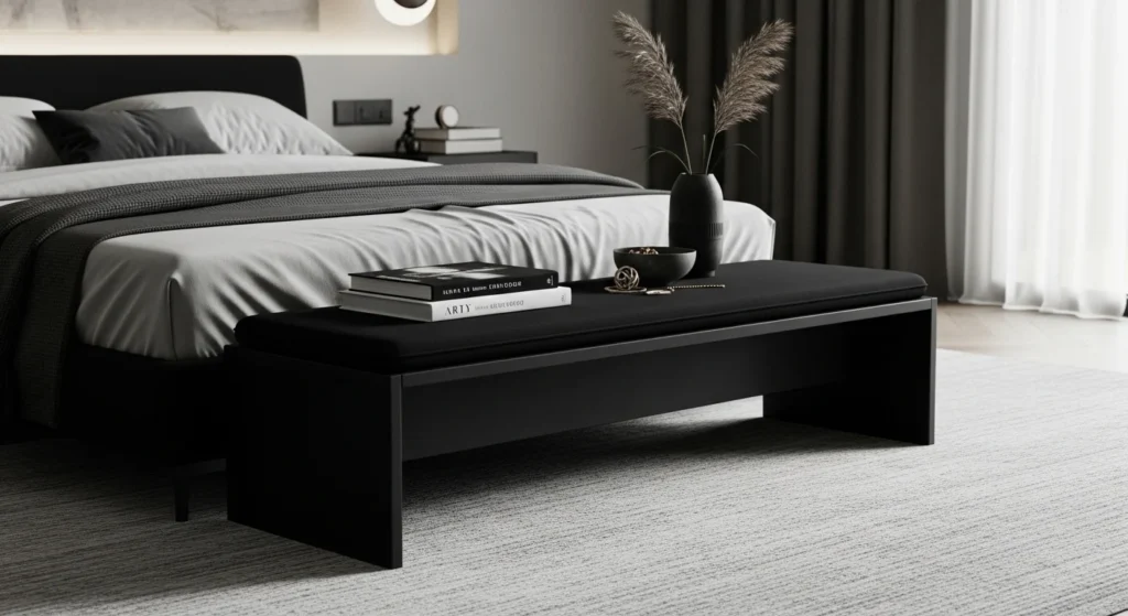 Sleek black bedroom bench adding modern contrast to bedroom interior