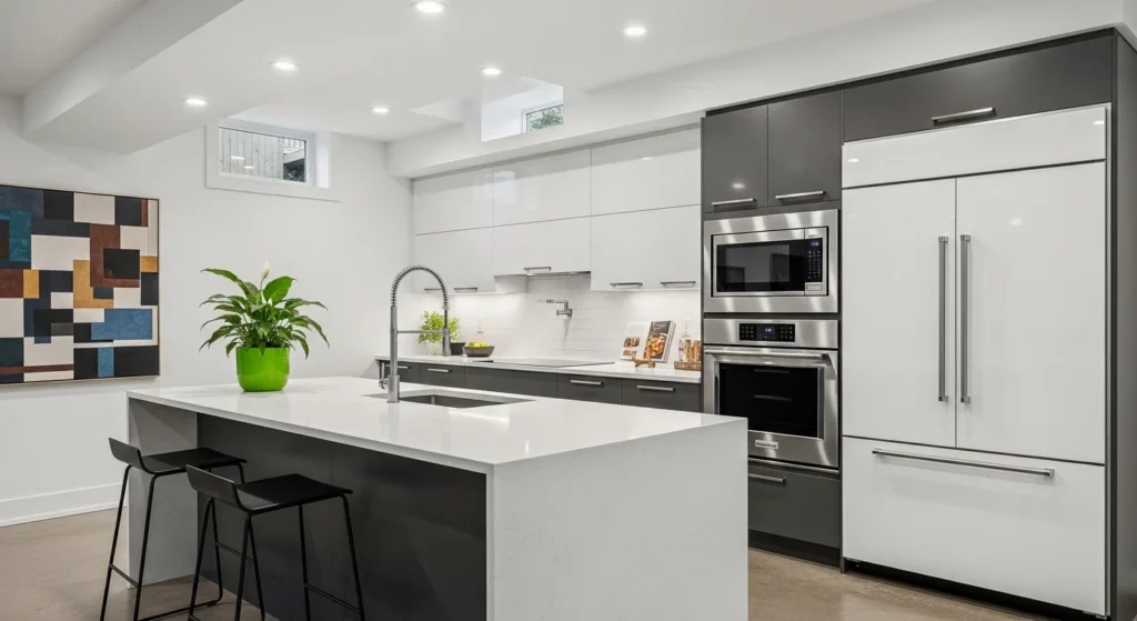 Sleek basement kitchen with breakfast bar, modern appliances, and bright lighting