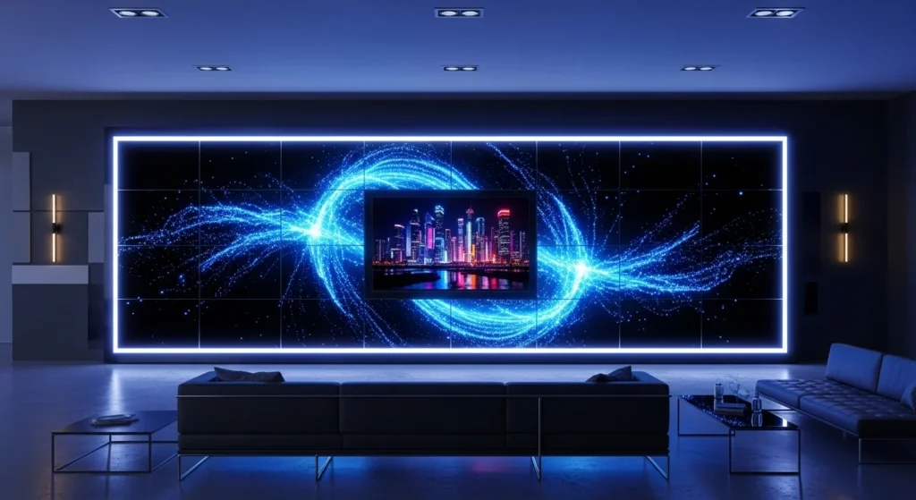 futuristic tv wall with led panels and glowing lighting