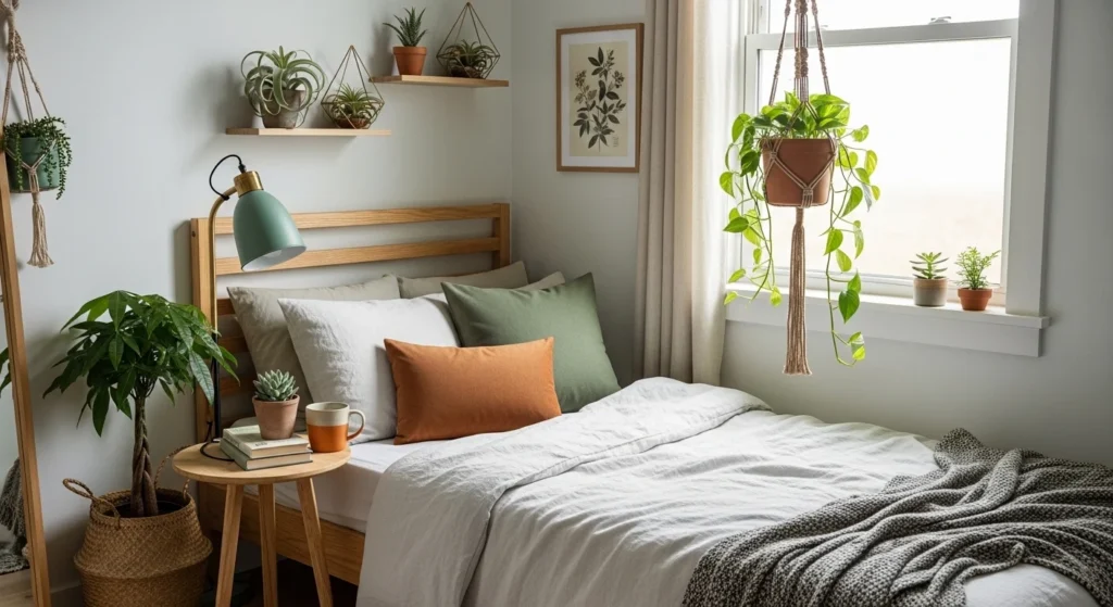 Small bedroom decorated with indoor plants adding freshness and natural style