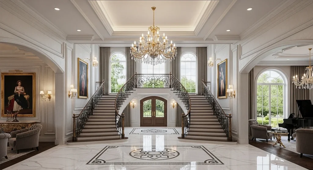 Large luxurious foyer entrance with high ceiling chandelier and elegant decor