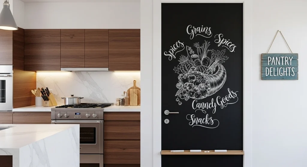 Pantry with chalkboard door for grocery lists and notes in a small kitchen