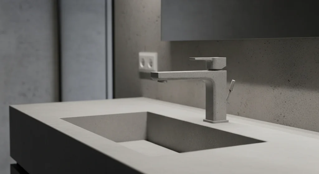 Modern concrete faucet with raw industrial texture