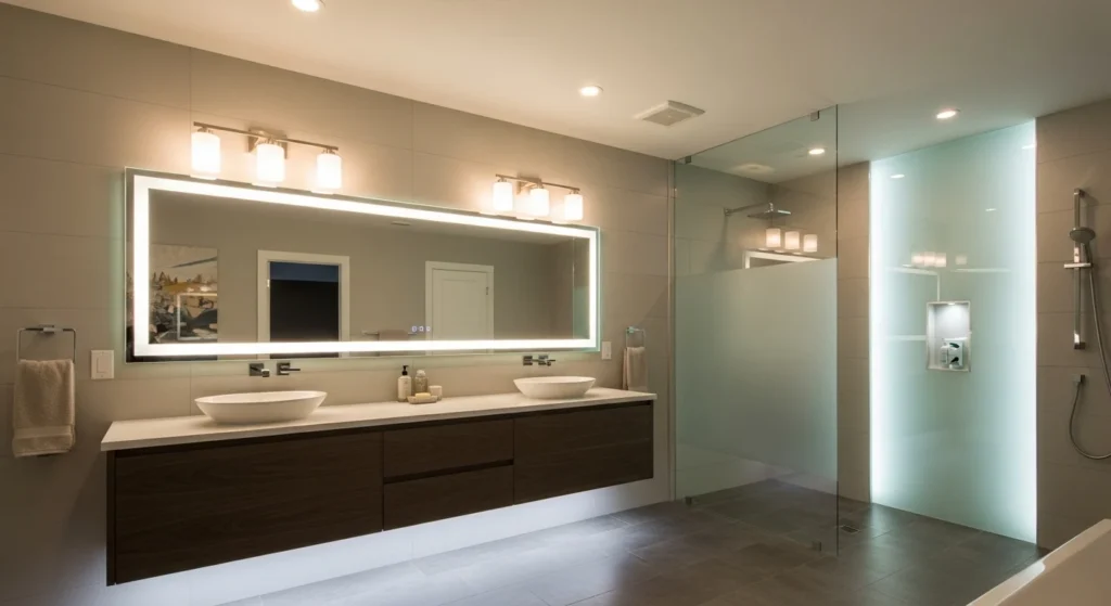 Bathroom with multi-layer lighting combining ambient and task lighting