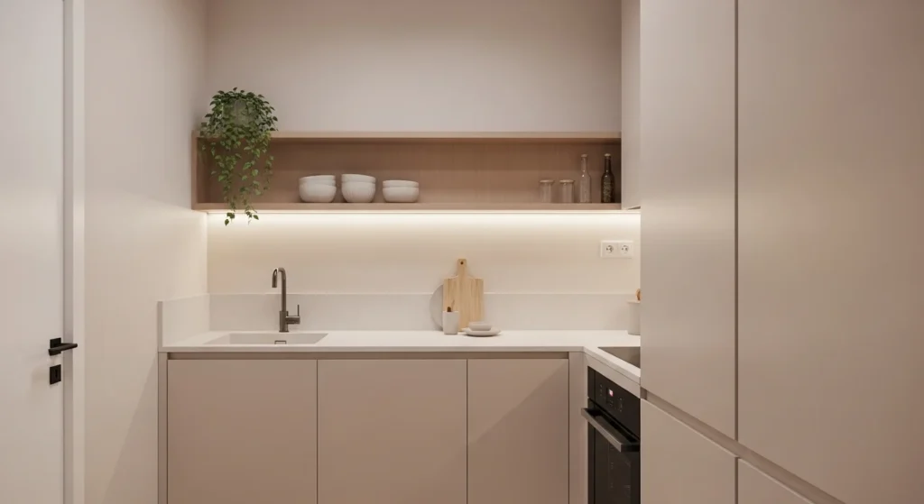 Modern small kitchen with neutral tones creating calm and elegant space