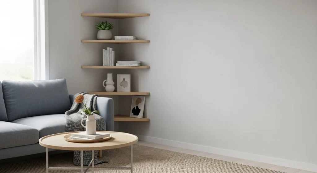 Small living room corner with floating shelves for decorative items and storage