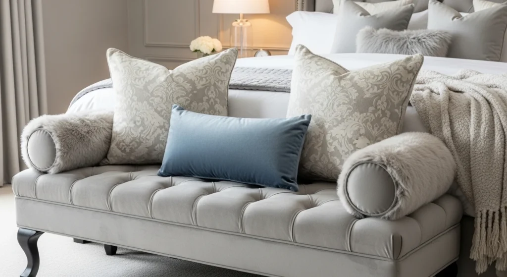 Soft upholstered bedroom bench with decorative pillows for cozy seating