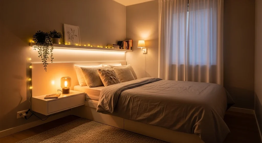 Tiny bedroom featuring layered lighting from lamps and wall lights for cozy atmosphere