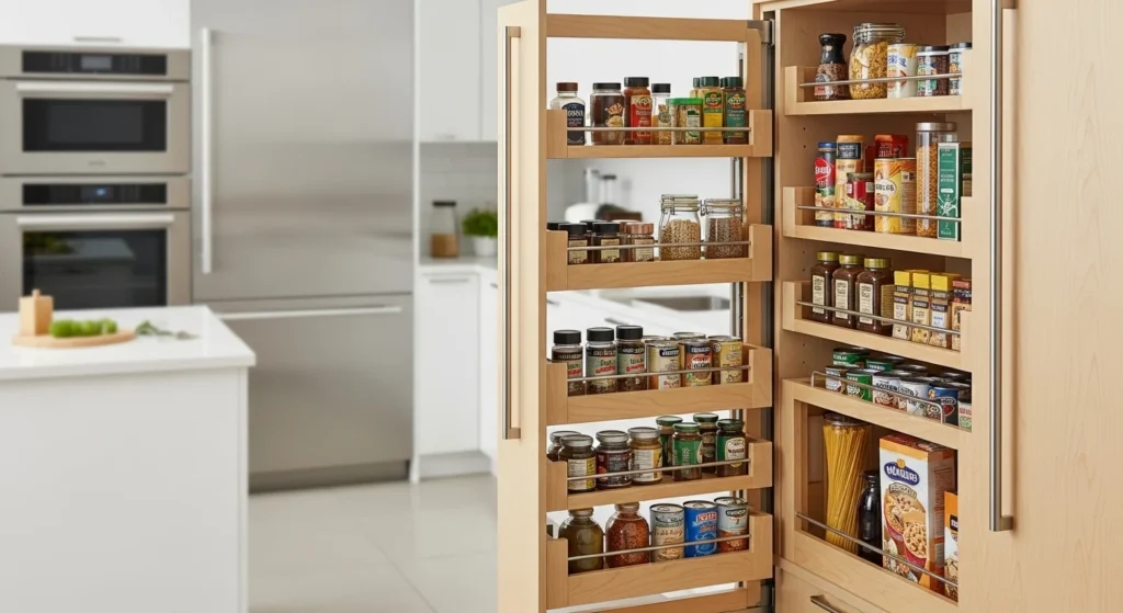 Tiny pantry with sliding shelves for easy access to items at the back