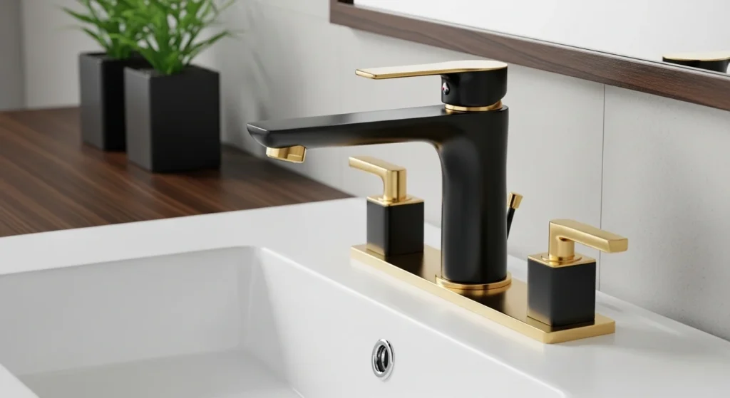Modern bathroom faucet combining black and gold mixed metal finishes