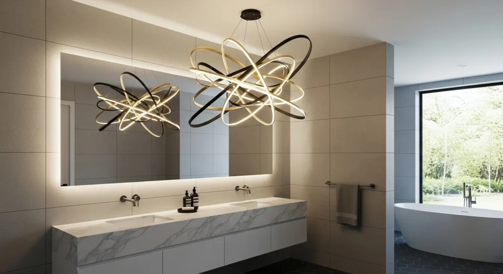 Unique artistic bathroom lighting fixture acting as decorative focal point