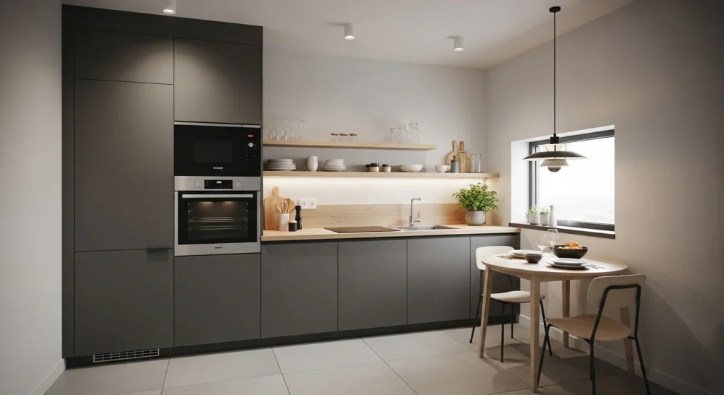 Small kitchen with tall cabinets reaching ceiling for maximum storage