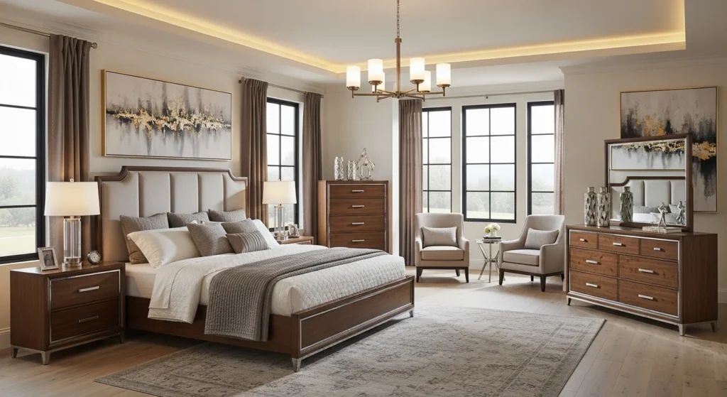 Complete luxury master bedroom set with coordinated furniture and elegant decor