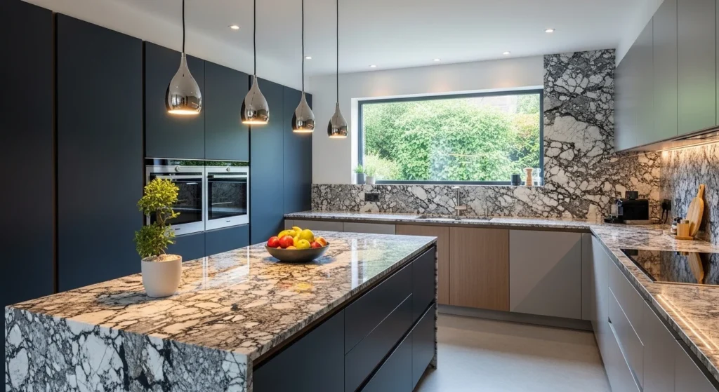 Kitchen with patterned countertop adding decorative and stylish look