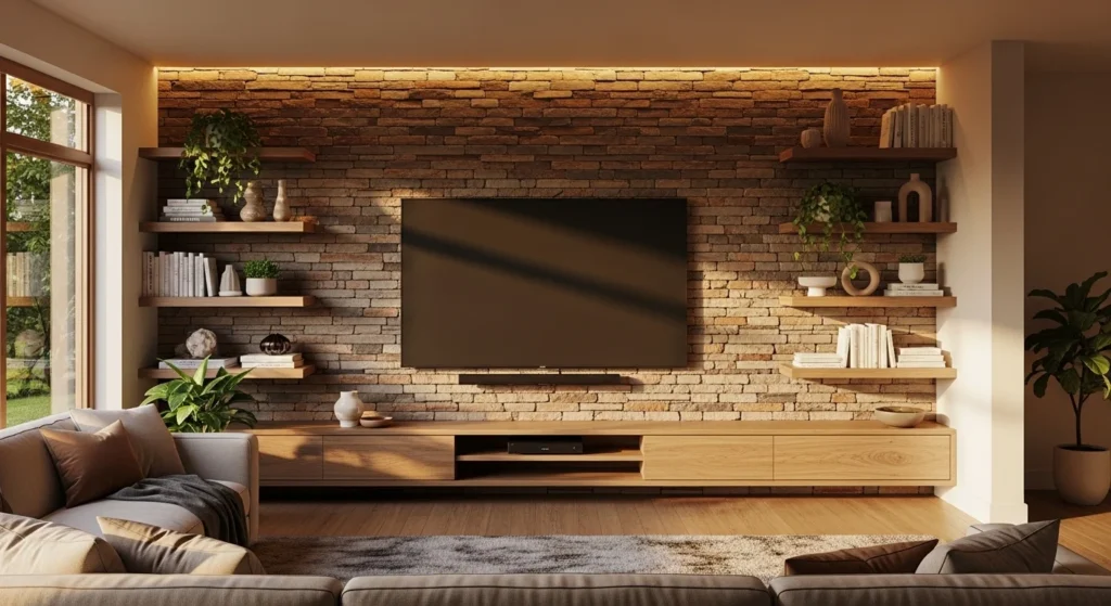 tv wall with stone texture and warm natural interior