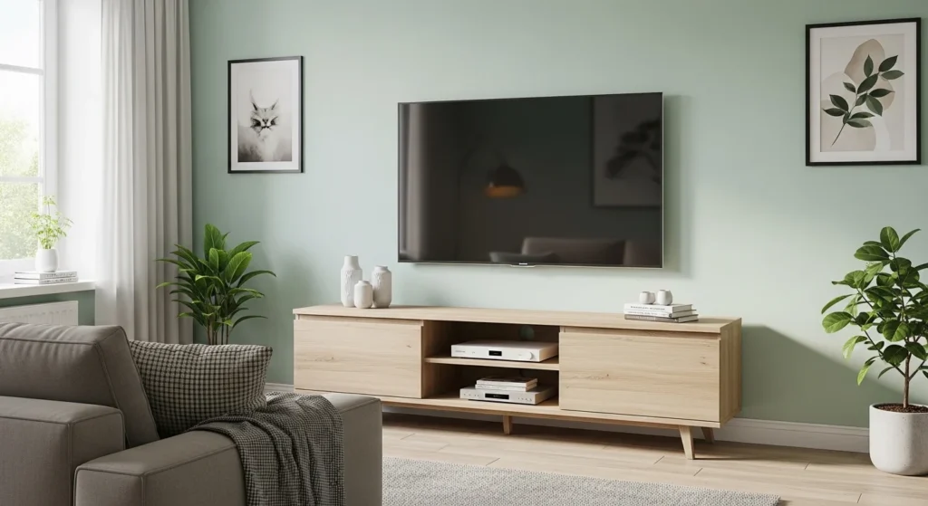 Small living room with slim media unit organizing TV and electronics efficiently