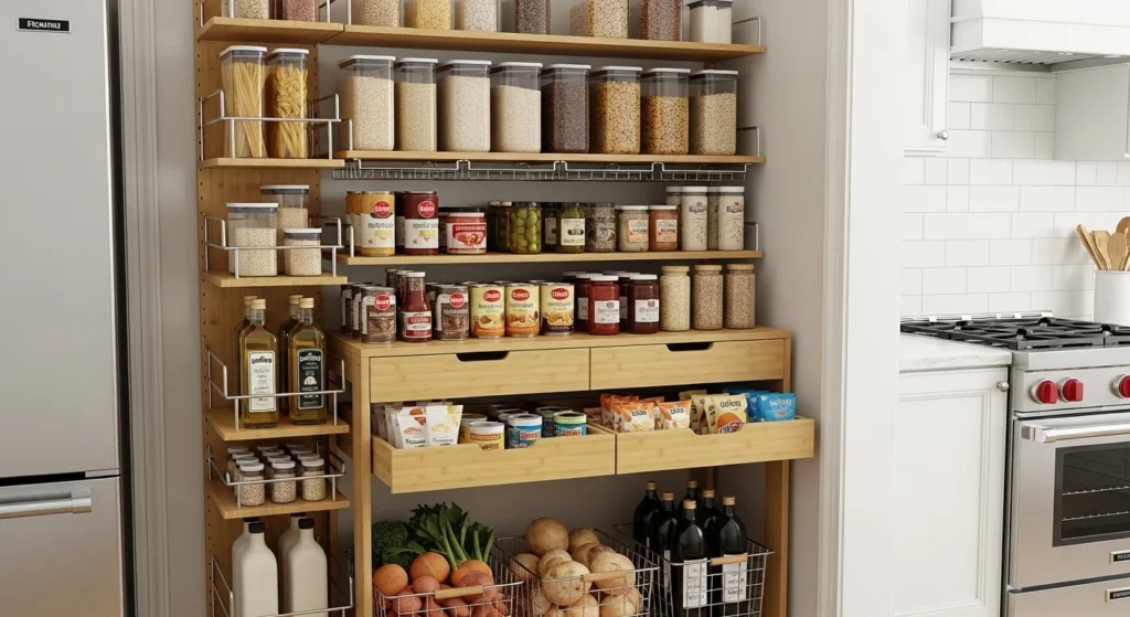 Pantry with multiple shelf heights for organized storage of containers and jars