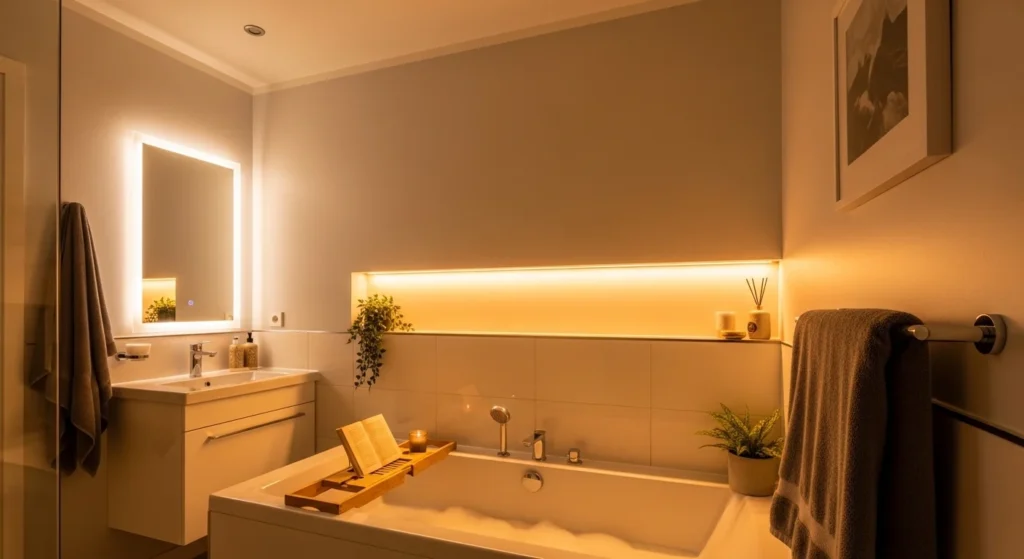 Bathroom with soft warm lighting creating cozy and relaxing atmosphere