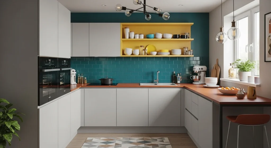 Small kitchen with bold color accents adding personality and vibrancy