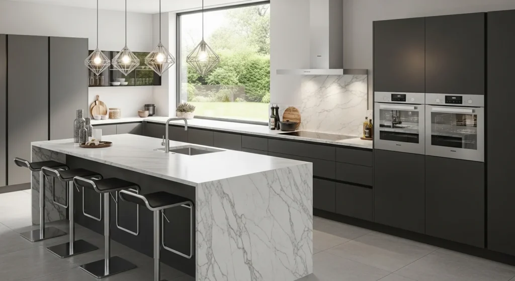 Modern kitchen with seamless full slab countertop creating smooth surface