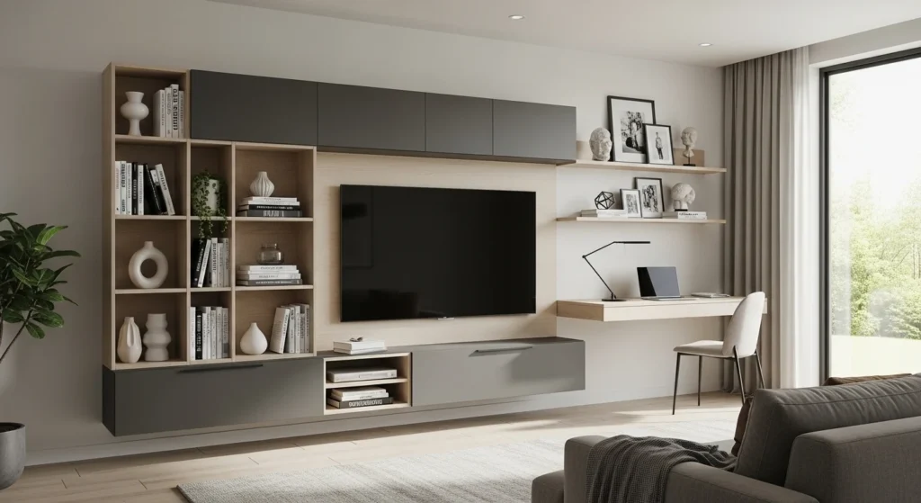multifunction tv wall with storage shelves and workspace