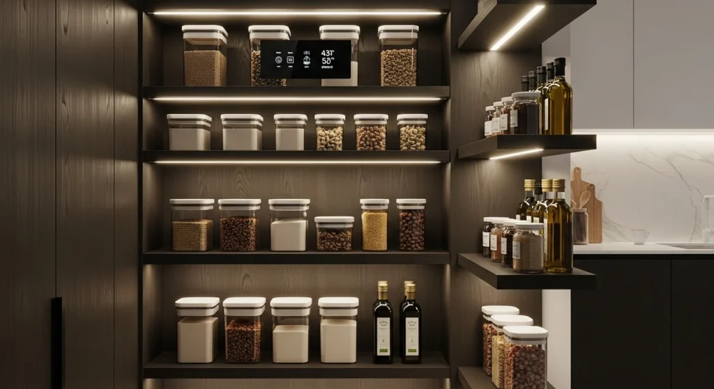 Small pantry with LED lighting for better visibility and modern storage