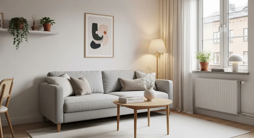 Small apartment living room with minimal decor, neutral colors, and harmonious design