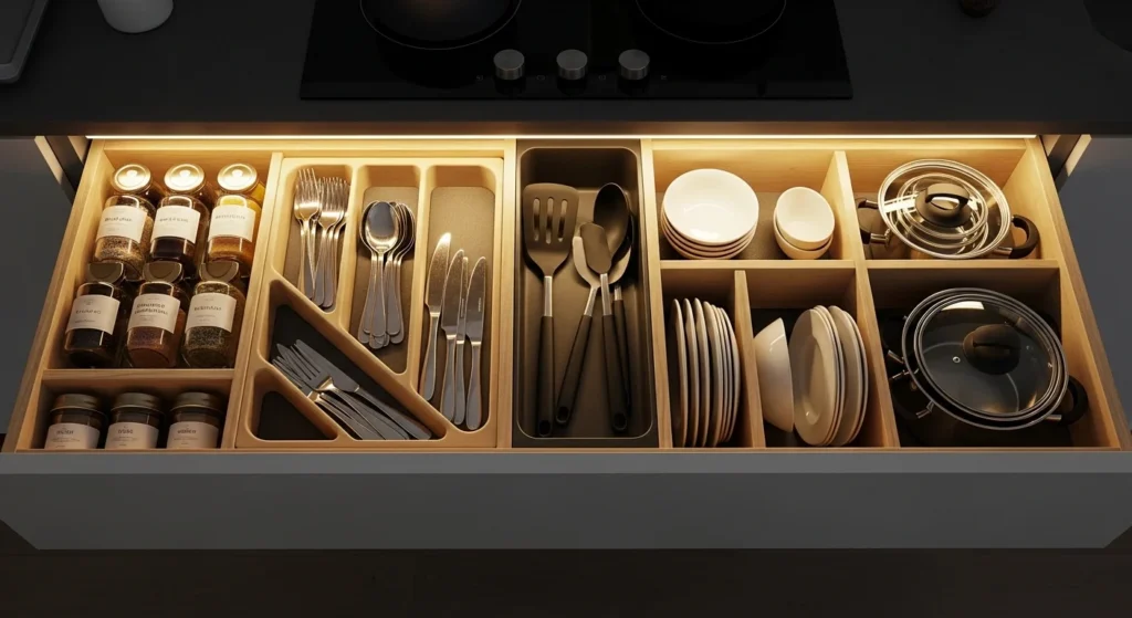 Tiny kitchen with organized storage drawers improving functionality and efficiency
