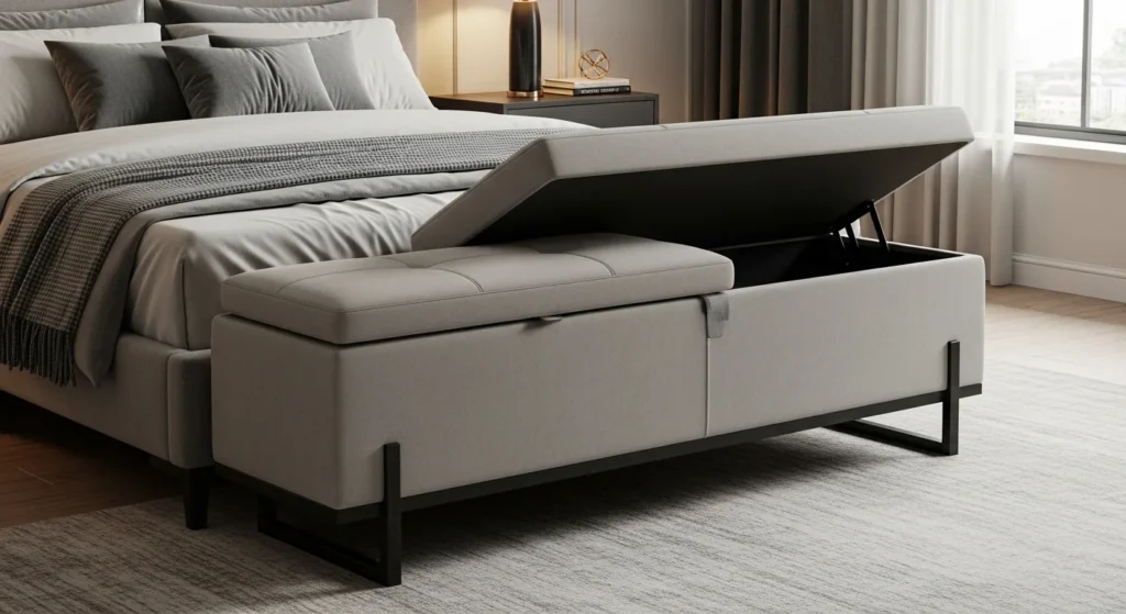 Upholstered bedroom bench with hidden storage compartment at foot of bed