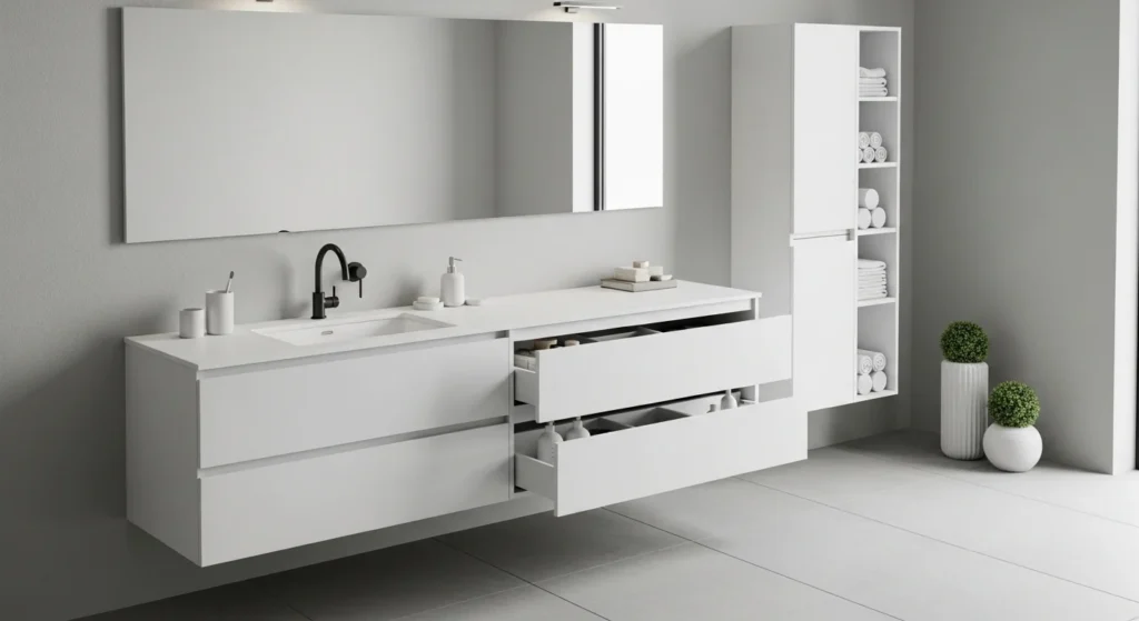 Sleek white bathroom vanity cabinet with minimalist design and clean modern interior