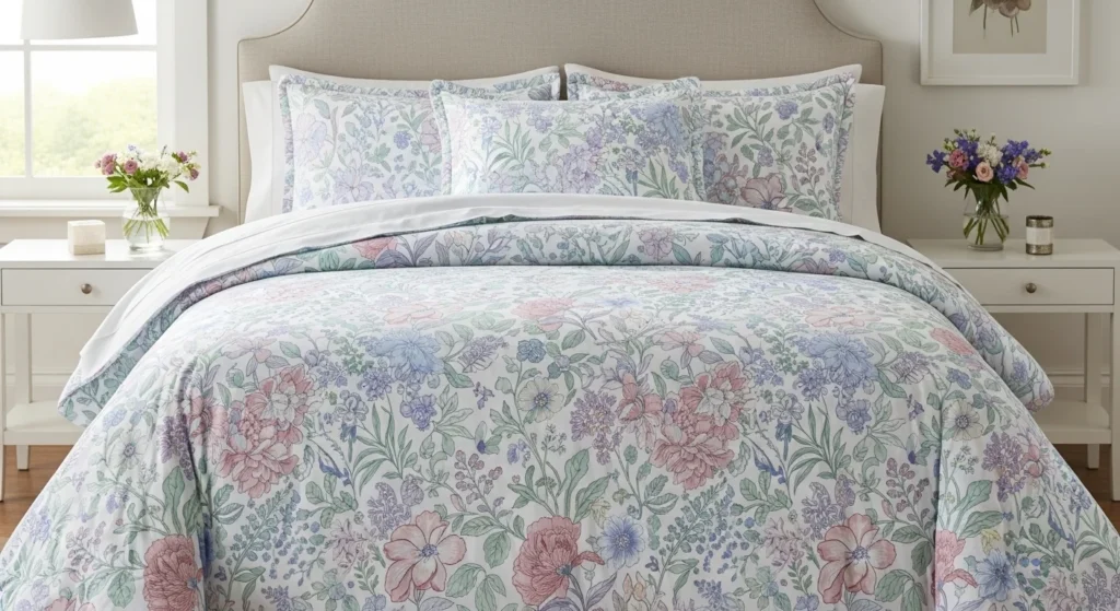 Beautiful floral queen comforter bedding set with soft pastel flower patterns