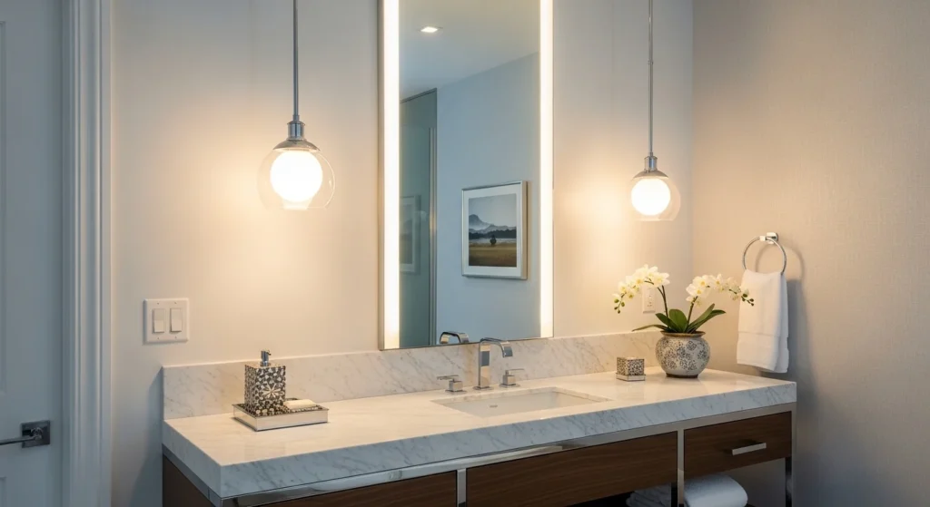 Stylish pendant lights hanging over bathroom vanity creating modern focal point