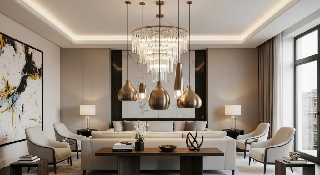 Modern living room with chandelier lighting creating a focal point