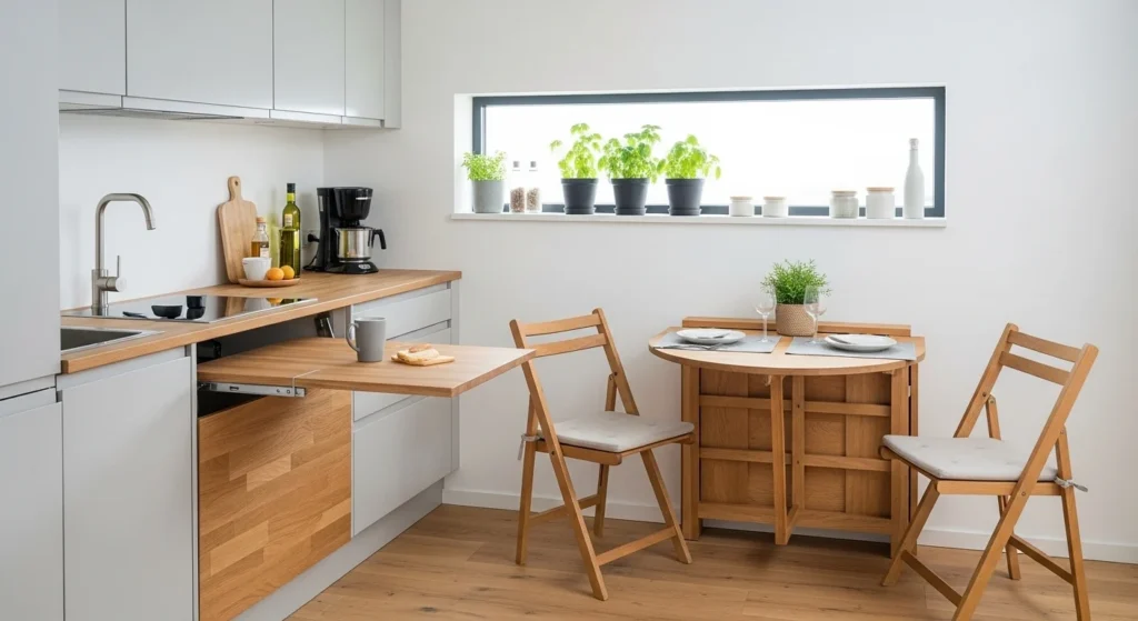 Compact kitchen featuring foldable counter for space saving and flexible use