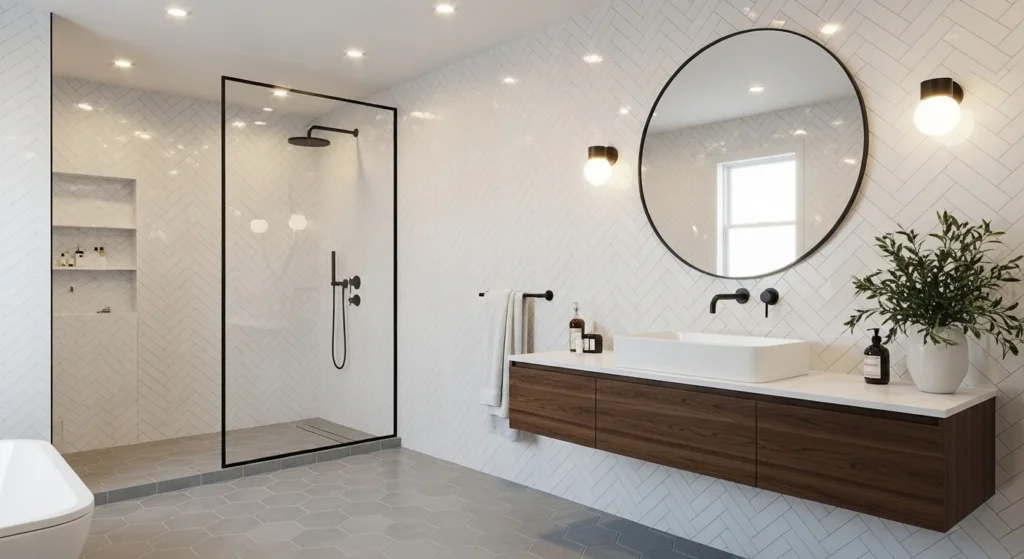 Bathroom with classic subway tiles arranged in modern herringbone pattern